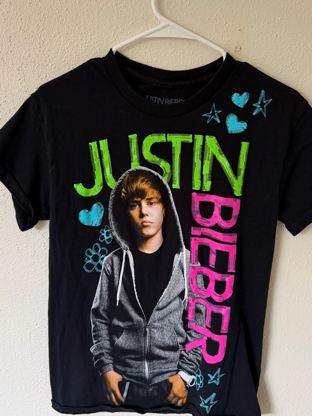 Justin Bieber Black Tee with Neon Green, Pink and Teal Graphic
